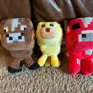 Mojang Minecraft Lot of 3 Plush - Ocelot, Brown Cow, Mooshroom (Red) Cow (5")